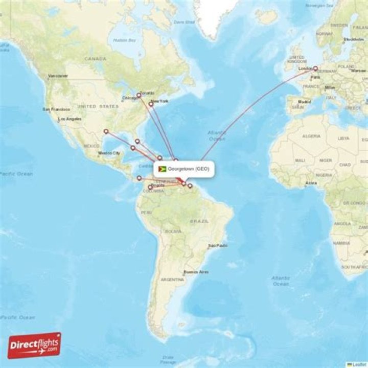 How many hours flight from Houston to Guyana?