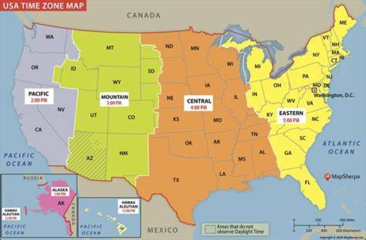 What are the time zones in the US map?