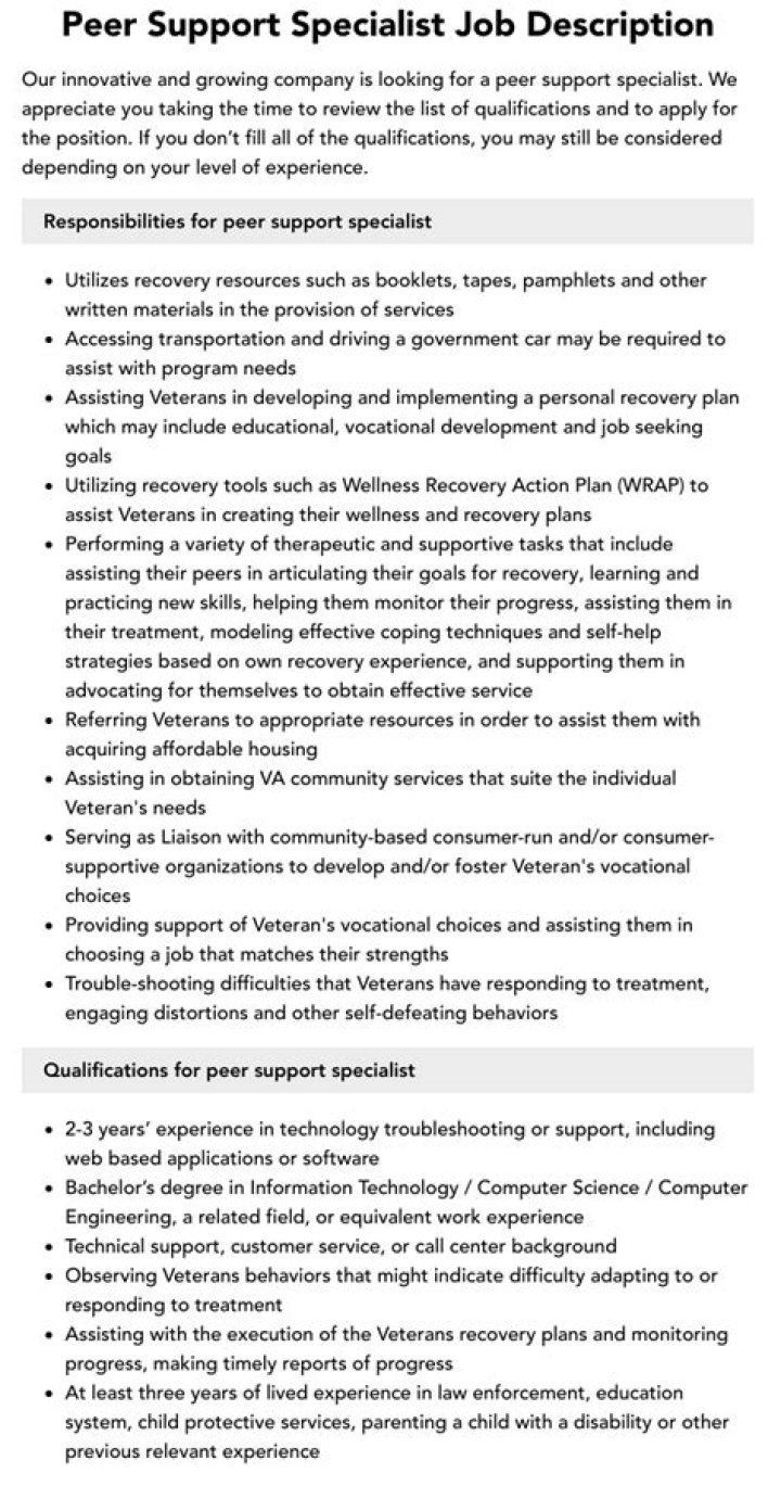 What is a peer support specialist job description?