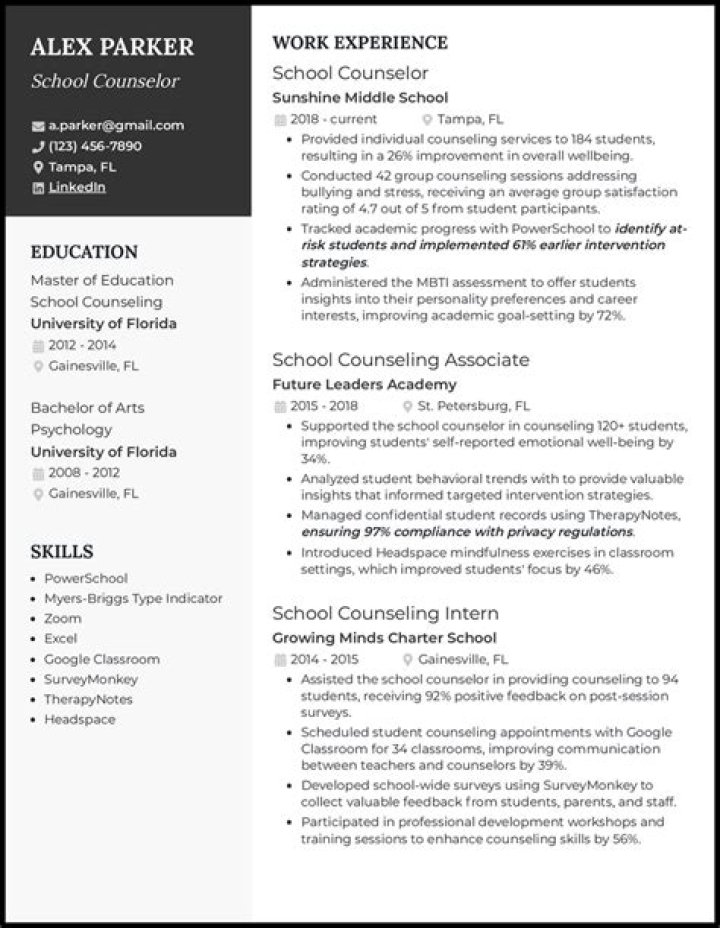 What should a school counselor resume include?